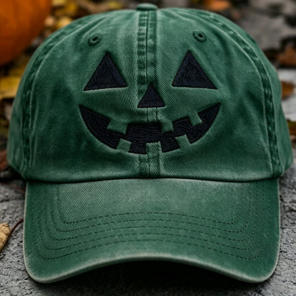 Halloween Pumpkin Smile Embroidered Baseball Cap, Washed Vintage Outdoor Sun Protection Duckbill Hat