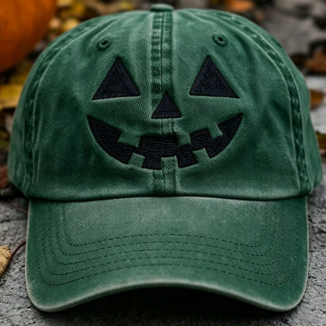 Halloween Pumpkin Smile Embroidered Baseball Cap, Washed Vintage Outdoor Sun Protection Duckbill Hat