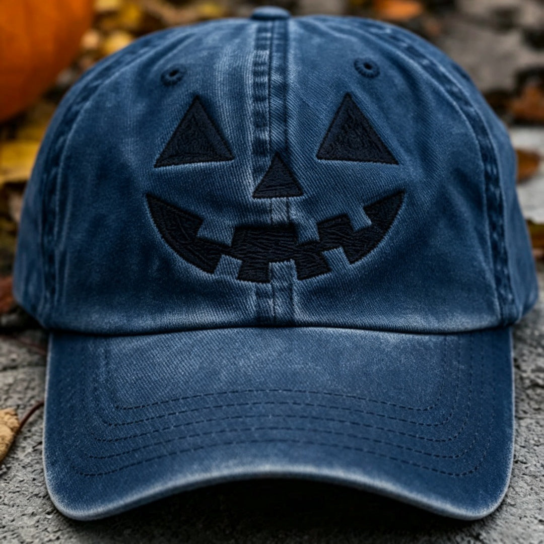 Halloween Pumpkin Smile Embroidered Baseball Cap, Washed Vintage Outdoor Sun Protection Duckbill Hat