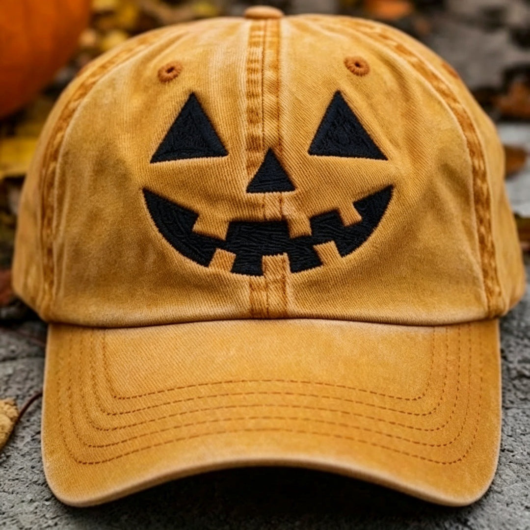 Halloween Pumpkin Smile Embroidered Baseball Cap, Washed Vintage Outdoor Sun Protection Duckbill Hat