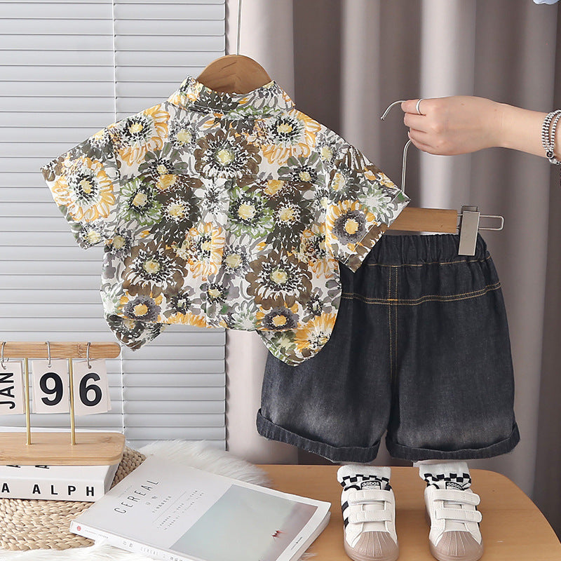 Flower shirt short sleeved three piece set for baby children's clothing