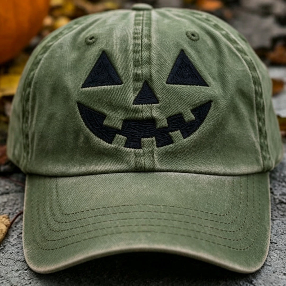 Halloween Pumpkin Smile Embroidered Baseball Cap, Washed Vintage Outdoor Sun Protection Duckbill Hat
