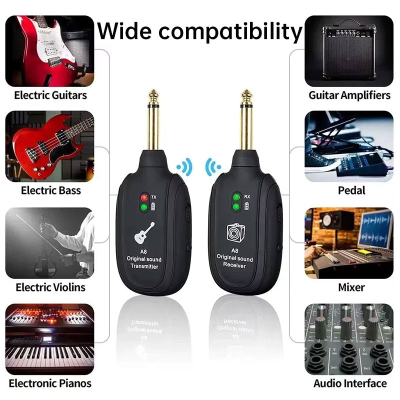 A8 UHF Wireless Guitar System, Rechargeable Transmitter & Receiver, 20Hz-20kHz Full Frequency, USB Charging for Guitar, Violin,