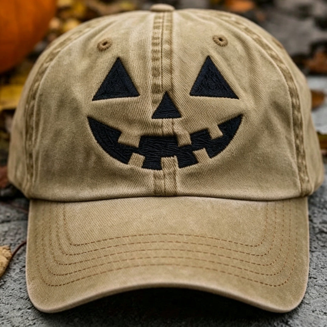 Halloween Pumpkin Smile Embroidered Baseball Cap, Washed Vintage Outdoor Sun Protection Duckbill Hat