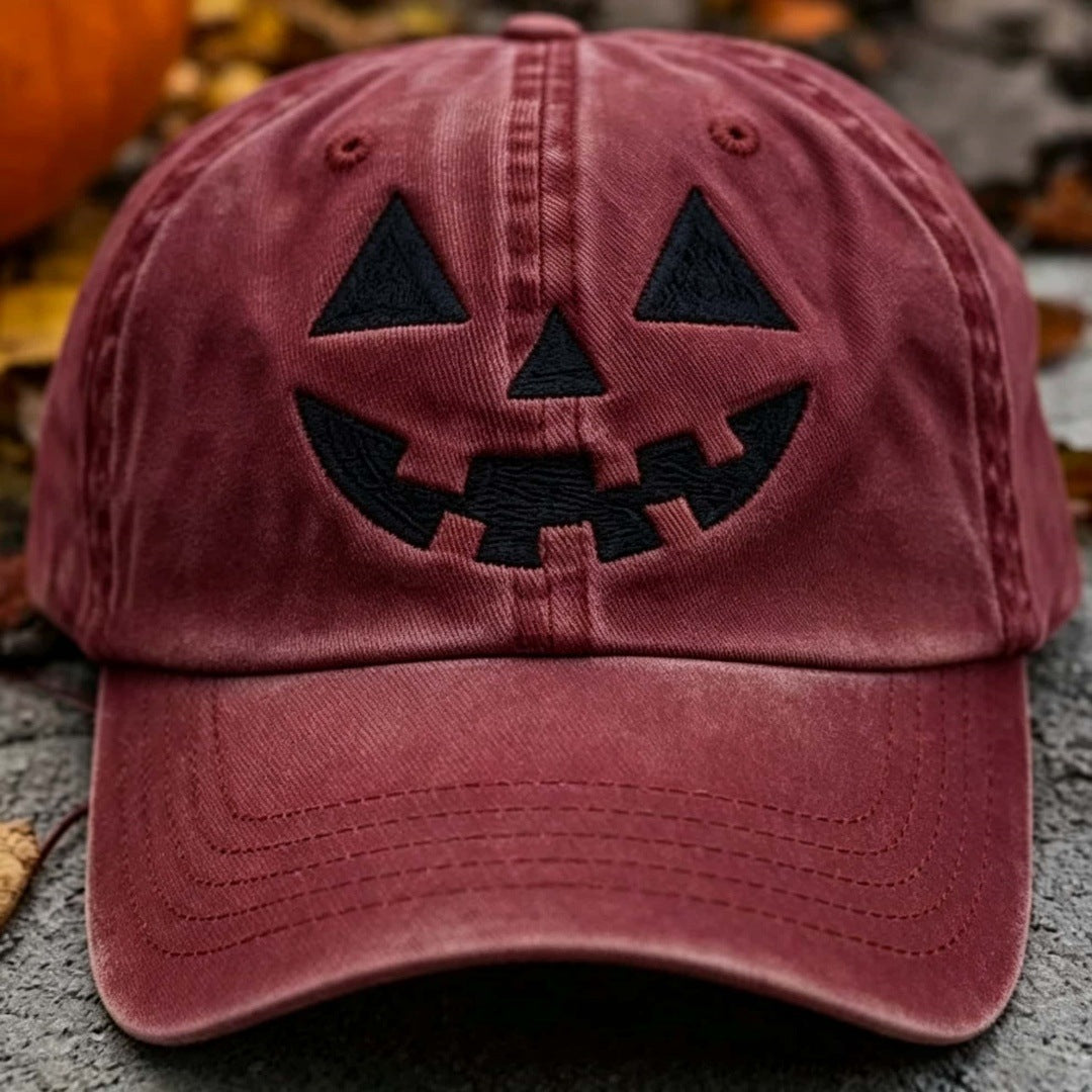 Halloween Pumpkin Smile Embroidered Baseball Cap, Washed Vintage Outdoor Sun Protection Duckbill Hat