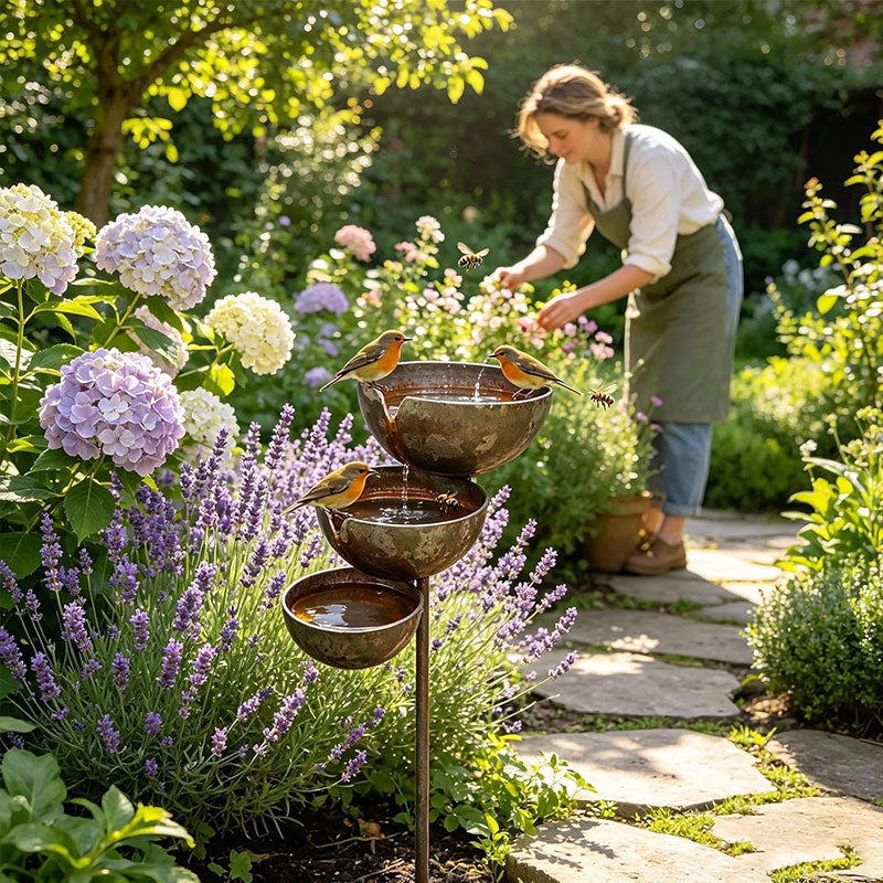 Vintage Iron Bird Bath - Rustic Garden Stake Water Bowl & Outdoor Decor